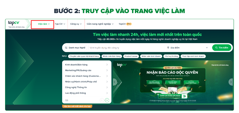 Truy cập vào trang Việc làm của TopCV