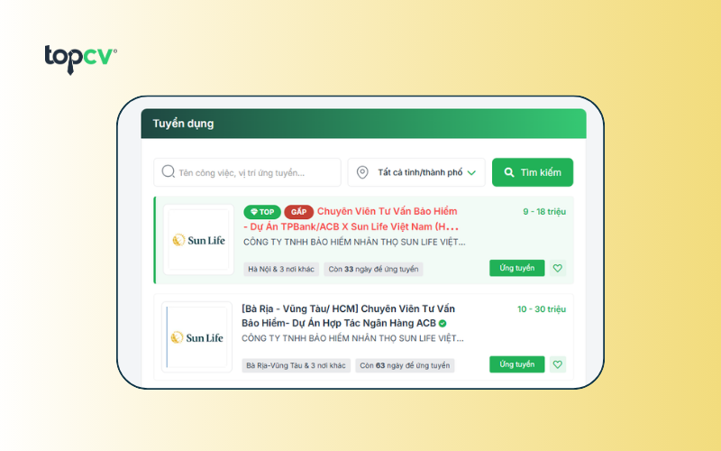 Cách ứng tuyển việc làm Bảo hiểm Sun Life Việt Nam trên TopCV