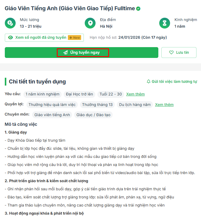 Click vào “Ứng tuyển ngay” để hoàn tất quy trình ứng tuyển