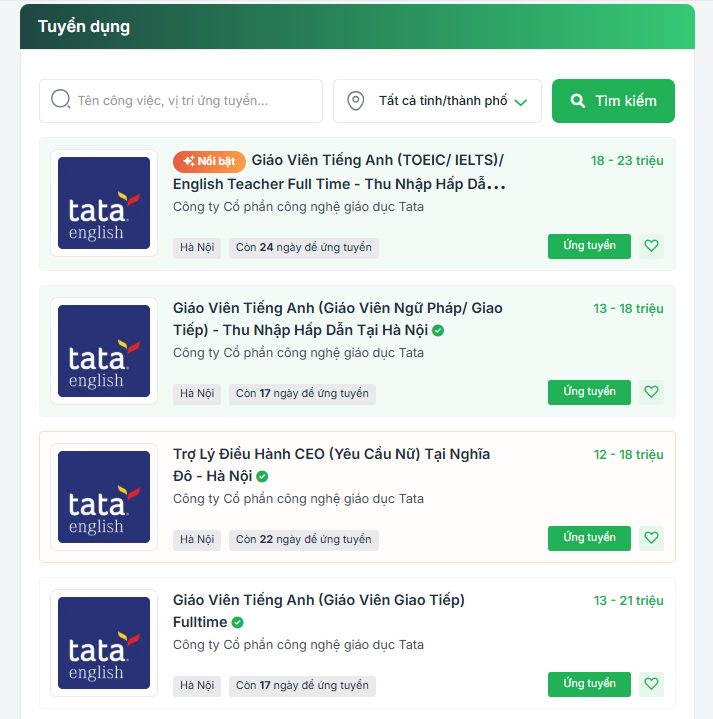 Các tin tuyển dụng tại TATA English trên TopCV