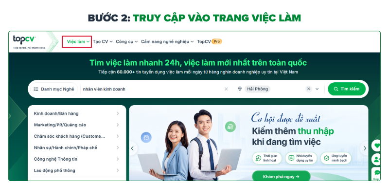 Truy cập trang Việc làm và thiết lập bộ lọc&nbsp;việc làm Hải Phòng