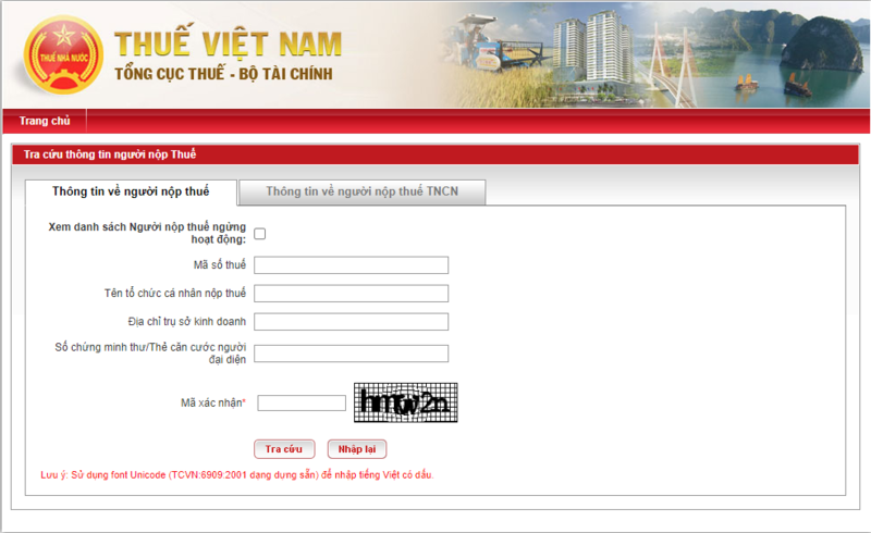 Giao diện của hệ thống tra cứu của Tổng cục thuế sau khi bạn truy cập