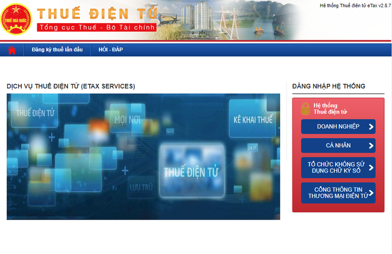 Giao diện hiển thị sau khi bạn truy cập vào trang web với địa chỉ https://thuedientu.gdt.gov.vn/
