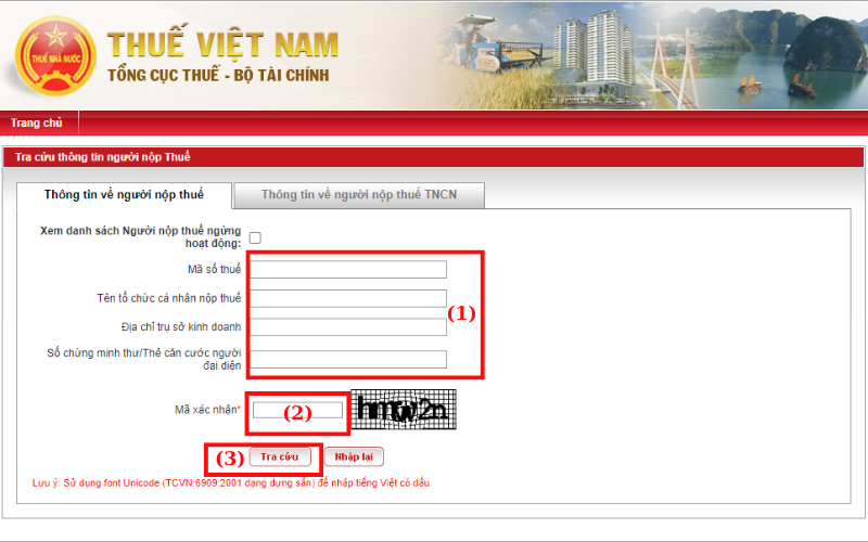 Bạn có thể lựa chọn nhập 1 trong các thông tin ở phần (1), nhập mã xác nhận (2) và ấn nút Tra cứu (3) để hoàn tất quá trình