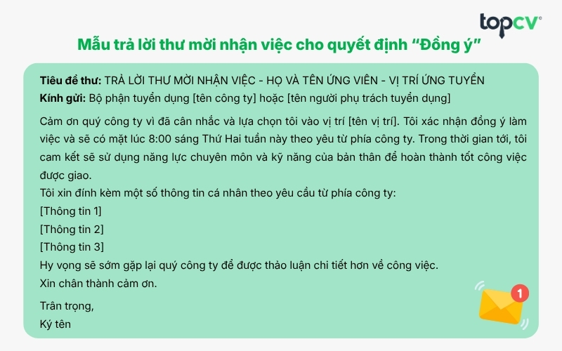 Mẫu trả lời thư mời nhận việc cho quyết định “Đồng ý”
