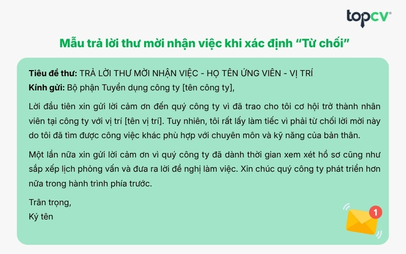 Mẫu trả lời thư mời nhận việc khi xác định “Từ chối”