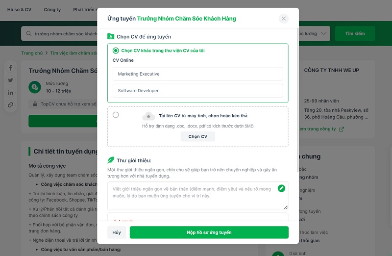 TopCV hỗ trợ nộp CV online hoặc tải trực tiếp CV từ máy lên để ứng tuyển