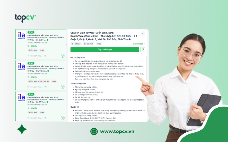 Ứng viên có thể nộp hồ sơ ứng tuyển công việc tại ILA thông qua các tin tuyển dụng trên TopCV