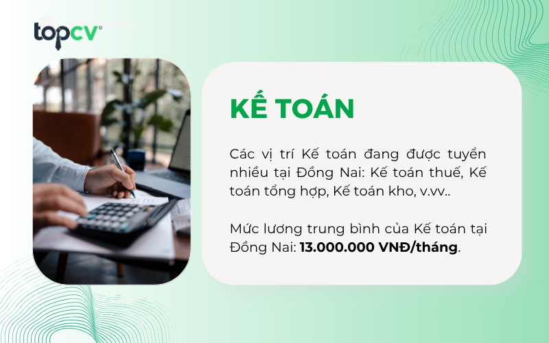 Mức lương trung bình của Nhân viên kế toán tại Đồng Nai là 13.000.000 VNĐ/tháng