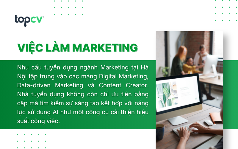Việc làm Marketing tập trung vào các vị trí Digital Marketing, Data-driven Marketing và , Content Creator