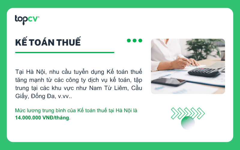 Mức lương trung bình của Kế toán thuế tại Hà Nội là 14 triệu đồng/tháng