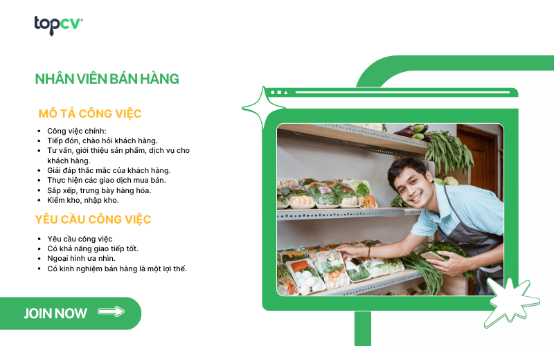 Nhân viên bán hàng là người đón tiếp, tư vấn và giới thiệu sản phẩm hoặc dịch vụ phù hợp, khơi gợi nhu cầu, xây dựng thiện cảm và thúc đẩy quyết định mua hàng của khách.