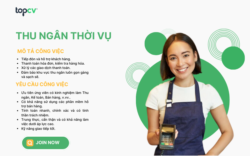Thu ngân là người chịu trách nhiệm xử lý các giao dịch thanh toán bằng tiền mặt, thẻ hoặc voucher khi khách hàng mua và sử dụng sản phẩm, dịch vụ tại cửa hàng.
