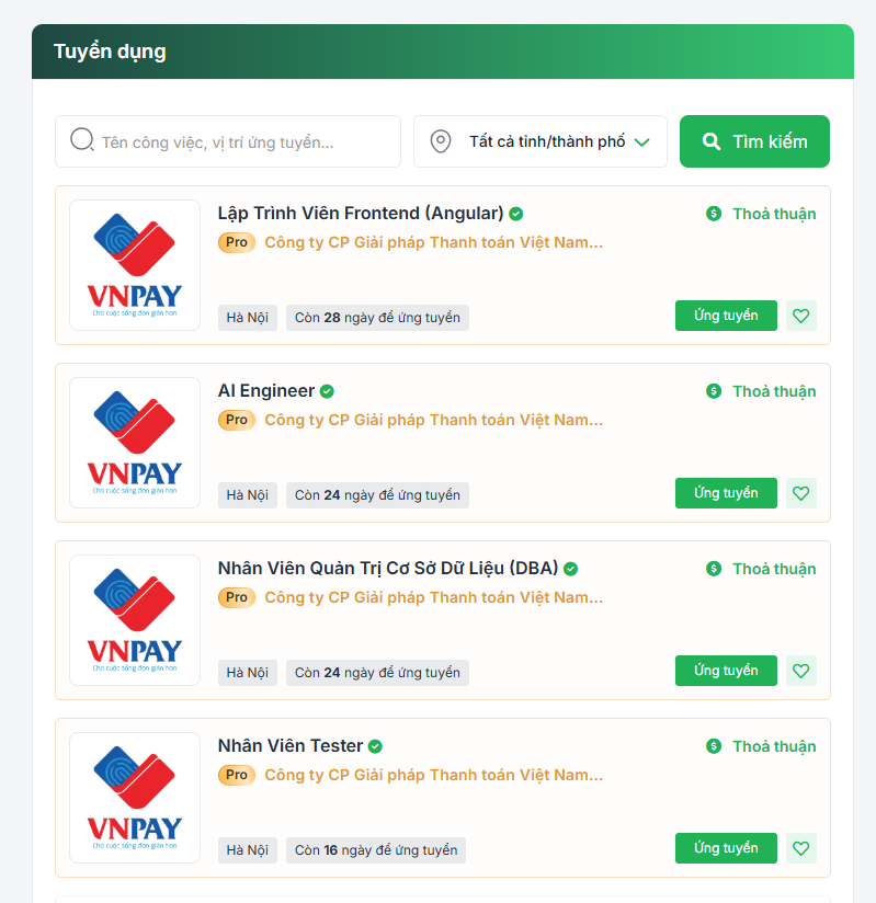 Trang tuyển dụng của VNPAY trên TopCV