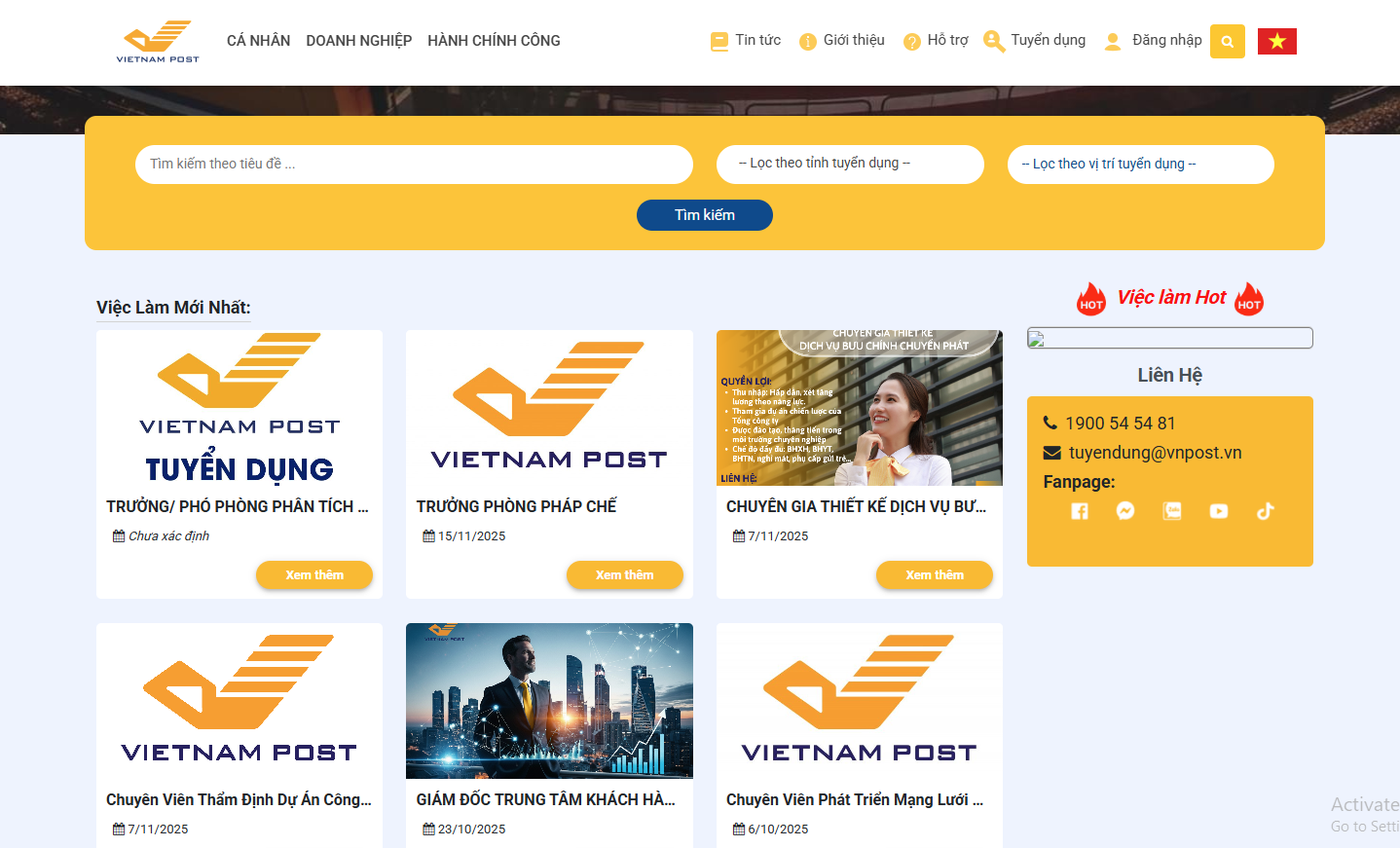 Thông tin tuyển dụng của Vietnam Post trên website tuyển dụng