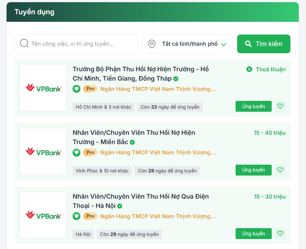 Ứng tuyển việc làm của VPBank qua nền tảng tuyển dụng TopCV